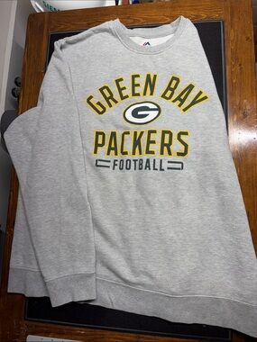 Majestic Grey Green Bay Packers Crewneck Pullover Sweater, Mens XL